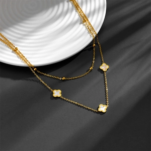 Double-layered gold stainless steel necklace with clover pendant and shell inlay