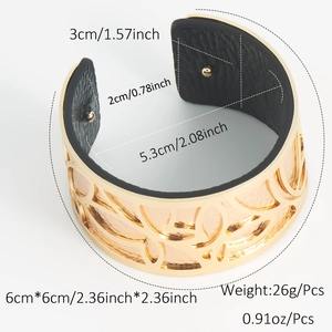 Detailed size specifications of gold-tone hollow butterfly wide cuff with leather lining