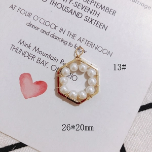 Detail of hexagon pearl pendant with gold wire wrapping measuring 26x20mm for DIY jewelry