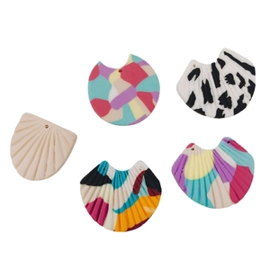 DIY colorful polymer clay fan-shaped earring charms set with abstract oil painting patterns