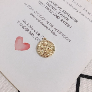 Macro detail of a 18K gold plated vintage zodiac pendant featuring a classical embossed figure