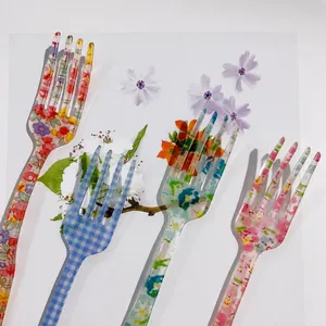 French vintage floral and blue plaid pattern dessert forks in a set of four