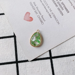 Macro shot of waterdrop pendant with real green dried flowers in gold metal edging