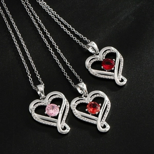 Stainless steel heart pendant necklace with colorful birthstones and cubic zirconia