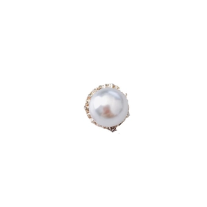 Elegant white round pearl earring with textured light gold base on white background