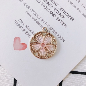 Pink silk woven floral circular pendant with gold metal frame for DIY jewelry making