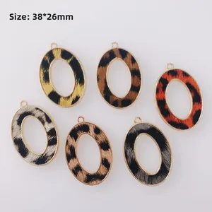 DIY Leopard Print Leather Oval Hollow Pendants Alloy Frame Animal Pattern Charms For Earrings Necklace Jewelry Making Findings