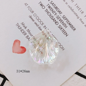 Macro detail of iridescent shell-shaped acrylic pendant 31x26mm with pre-drilled hole