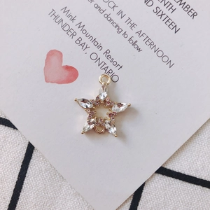 Detailed view of gold flower pendant with pink and white crystals and dual metal loops