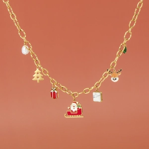 Edelstahl Vergoldet Weihnachten Halskette Damen Weihnachtsmann Rentier Baum Emaille Kunstperle Festlicher Schmuck Geschenk