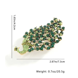 Detailed dimensions of peacock brooch with green rhinestones and gold base