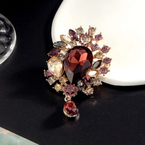 Elegant Vintage Alloy Rhinestone Flower Brooch Large Purple Teardrop Crystal Pendant For Women Luxury Banquet Wedding Jewelry
