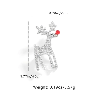 Detail view of silver reindeer brooch with rhinestones and precise dimensions