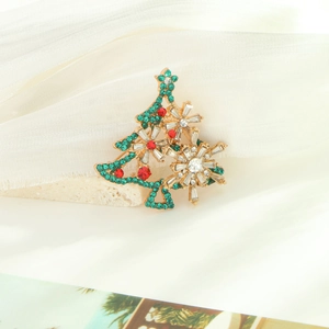 Sparkling Christmas tree brooch with colorful rhinestones and snowflakes on gold base