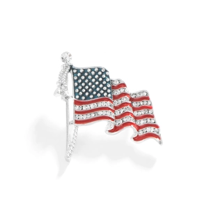 Classic silver US flag brooch with rhinestones and enamel on a white background