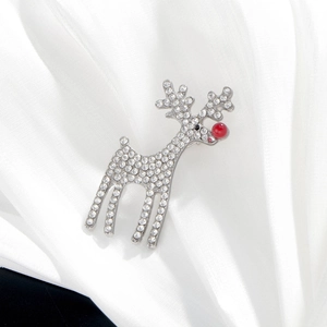 Silver reindeer brooch with sparkling rhinestones and a red pearl nose for women