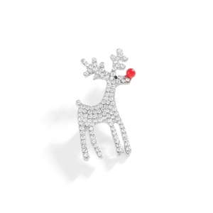 Silver Christmas reindeer brooch with sparkling crystals and a red bead nose