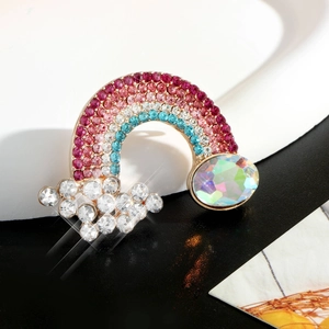 Elegant Gold Plated Alloy Rainbow Cloud Brooch With Colorful Rhinestones And Large Iridescent Crystal For Women Jewelry
