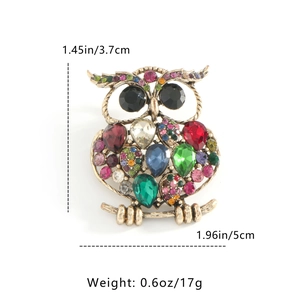 Detailed size specifications of the colorful rhinestone owl brooch with dimensions in inches