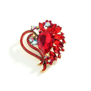 Elegant vintage heart brooch with large red teardrop crystal and rhinestone accents