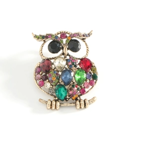 Cute cartoon owl brooch with multi-colored crystals and gold-tone metal plating