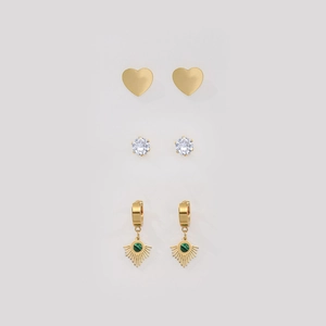304 Edelstahl Ohrring Set Gold Herz Ohrstecker Strass Sonnenstrahl Hängeohrringe Mit Malachit-Look Stein Für Damen