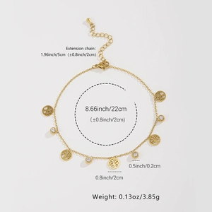 Detailed view of Tree of Life anklet with gold finish showing dimensions and lobster clasp