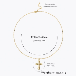 Detailed size chart of gold cross pendant with 45cm chain and 2x3.5cm dimensions