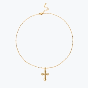 Elegant gold cross necklace with a delicate chain and lobster clasp on white background