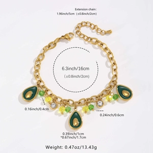 Detail of gold grapefruit bracelet with green charms and colorful faceted beads