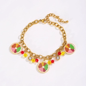 Summer Gold Alloy Fruit Charm Bracelet Enamel Orange Watermelon Pineapple Avocado Rhinestone Bead Bracelet For Women Jewelry