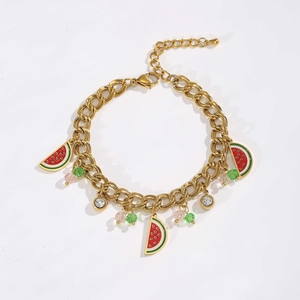 Gold chain bracelet with watermelon charms, pink beads and crystals for summer jewelry
