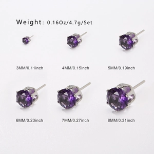 Tabella taglie dettagliata di orecchini a perno con zirconia viola da 3mm fino a 8mm
