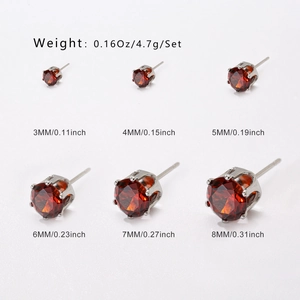 Tabella taglie dettagliata per set orecchini a lobo in zirconia rossa da 3mm a 8mm
