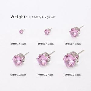 Set di orecchini a lobo in zirconia rosa in sei dimensioni da 3mm a 8mm con base argento