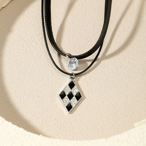 Elegant Double Layer Necklace For Women Black White Checkerboard Rhombus Pendant Rhinestone Jewelry Adjustable Cord Necklace