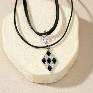 Double-layer black rope necklace with round crystal and checkerboard diamond pendant