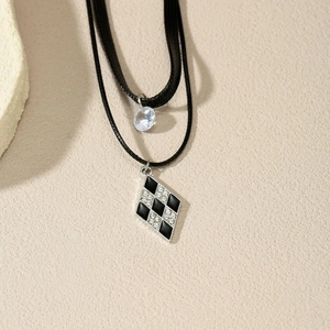 Stylish double-layer black cord necklace with checkered diamond and zircon pendant