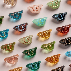 Colorful bird-shaped Czech glass beads with gold outlines for DIY jewelry making