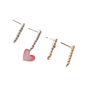 Geometric bar earrings with rhinestones and heart pendant in silver and gold plating
