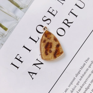 Detail of leopard print triangle pendant with metal frame and soft texture on magazine background