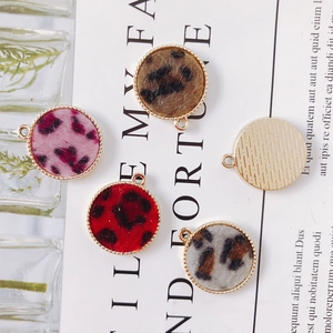 Round leopard print alloy earring charms with gold beaded edges for DIY jewelry making
