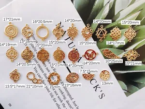 Size chart for 23 golden alloy earring charms and pendants ranging from 7.5mm to 25mm