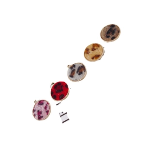Five assorted leopard print round charms with metallic rings for DIY jewelry making