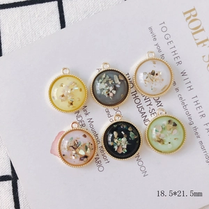 Set of six round colorful resin and shell charms with gold plating for DIY jewelry