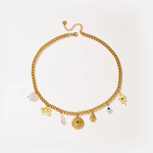 Goldene Evil-Eye-Halskette mit ägyptischen Anhängern, weißen Perlen und Ankh-Edelstahlkette