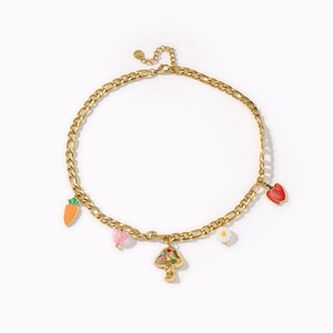 Gold stainless steel necklace featuring colorful mushroom carrot and chili pendants