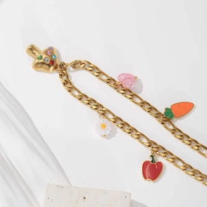 Golden chain necklace featuring colorful rhinestone mushroom, carrot, and chili pendants