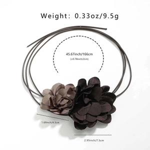Detail of two-tone fabric rose neck chain with dimensions and 116cm long brown cord