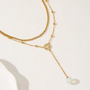 Gold Plated 304 Stainless Steel Double Layered San Benedict Medal Pendant Necklace With Rhinestone Opal-look Bead For Women